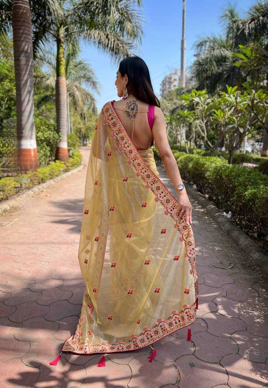 Twill Net  Embroidered Lace Border Stone Work Zari Saree